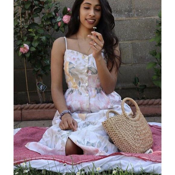 H&M Floral Print Linen Blend Button Dress Midi New - Picture 2 of 8